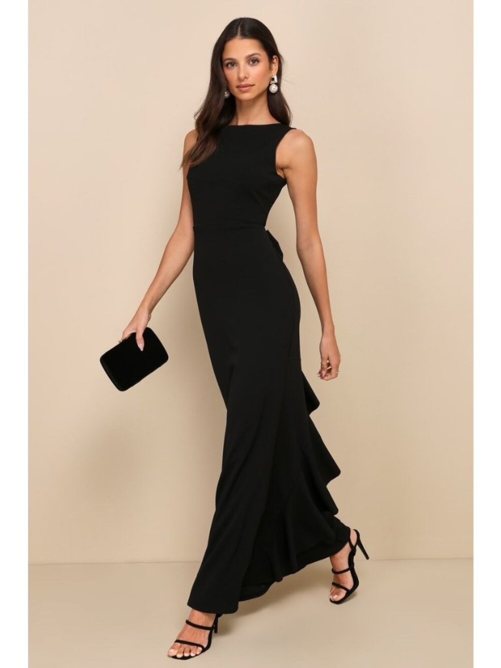 Lulus Exquiste Refinement Maxi Dress Sz Large Black Low Back Bow Mermaid Gown - Picture 4 of 9